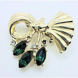 Vintage Jewelry Silver Tone Ribbon Three Clear Gems Stones Brooch Pin